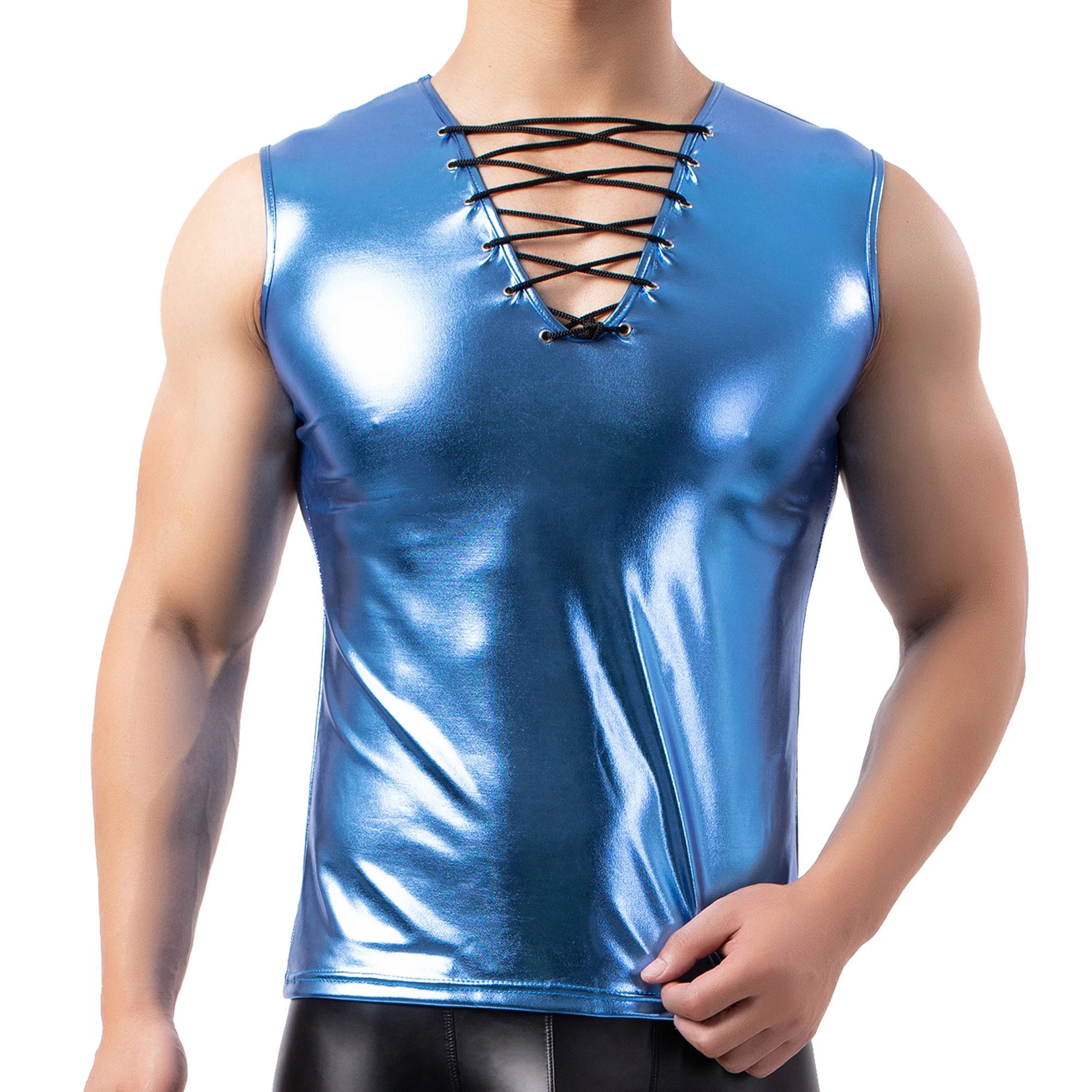 Mens Pullover Muscle Sleeveless T-shirt Tops Faux Leather Night Clubwear Costume Lace Up Deep-V Elastic Sexy Dance T Shirt Party