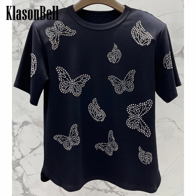

5.10 KlasonBell Rhinestone Butterfly Pattern Tee Women Detachable Shoulder Pads T-Shirt