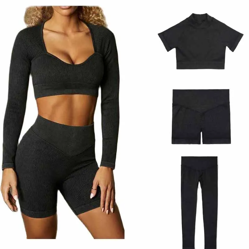 

Women Gym Yoga Suit Sports Clothing High Waist Shorts Leggings Workout Running Colthes Long Sleeve Crop Top Training Yoga Set