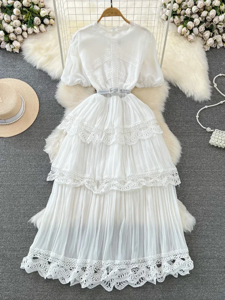 Женское длинное кружевное платье в стиле пэчворк с круглым вырезом и пышными