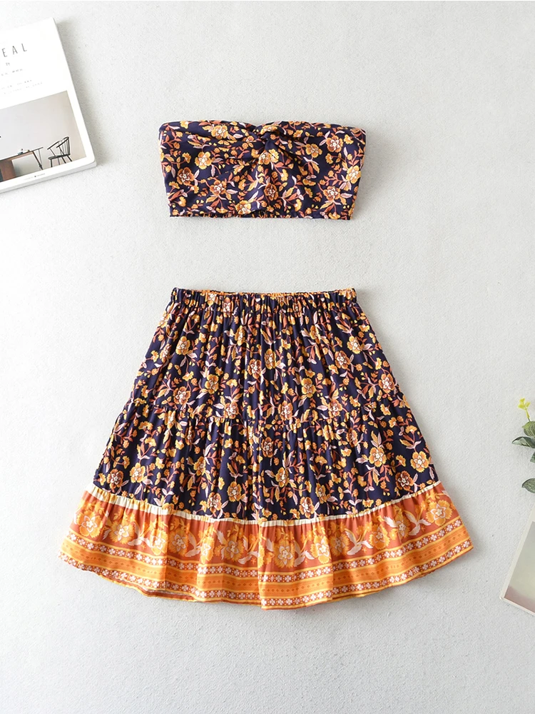 

Women Sexy Strapless Tops And Elastic Waist Skirt Bohemian Matching Set 2022 Floral Print Short Blouses Skirts 2 Pcs Set