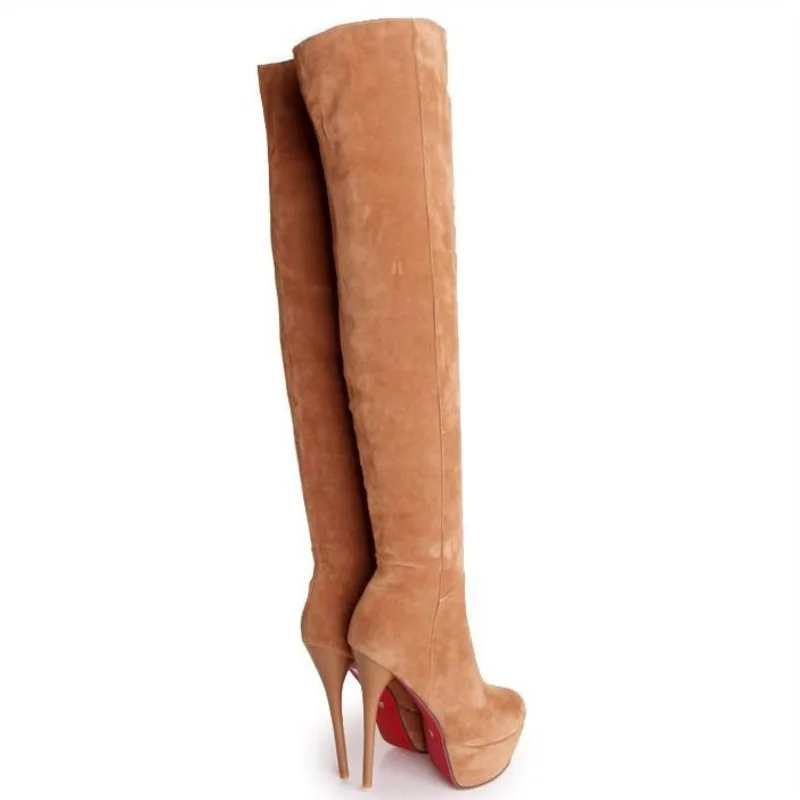 Fashion Suede Over The Knee Boots Sexy Pointed Stiletto High Heel Women's Winter Warm Fur Nubuck Leather Platform Shoes | Обувь
