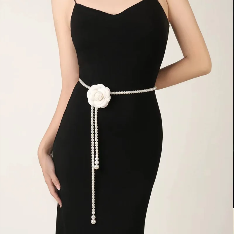 Waist Flower Elastic Buckle Chain Cummerbunds Elegant Women Pearl Crystal Belt Female Girls Dress Crystal Strap Waistband Gift