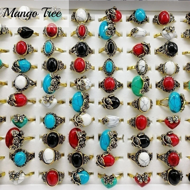 

10/20/30Pcs Vintage Stone Rings for Women Men Mix Style Luxury Crystal Turquoise Jewelry Accessories Party Gift Wholesale