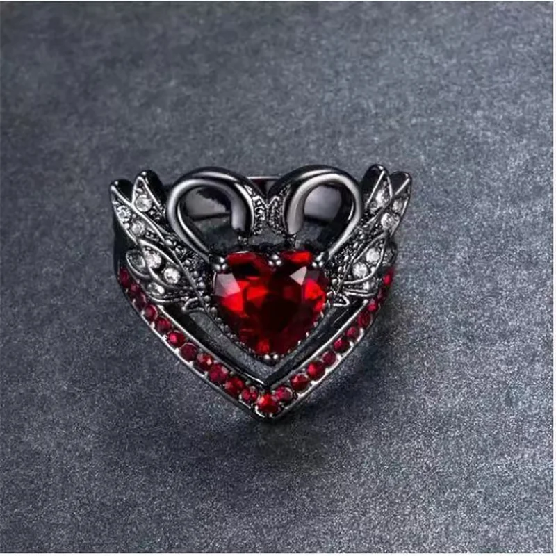 

Trendy Luxury Jewelry Red Crown Small Swan Red Blue Love Heart Crystal Black Silver Color Female Ring For Women Party Jewelry