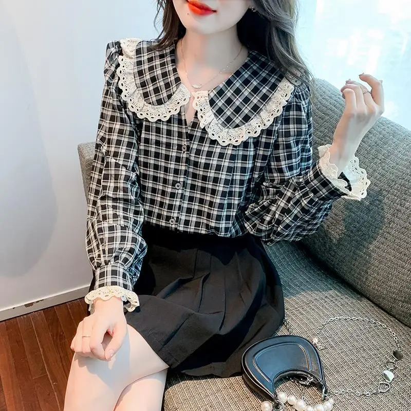 

Fashion Women Blouse Shirt Spring Autumn Women Clothing Plaid Buttons Long Sleeve Shirts Tops Ladies OL Shirt Black Sweet Shirt