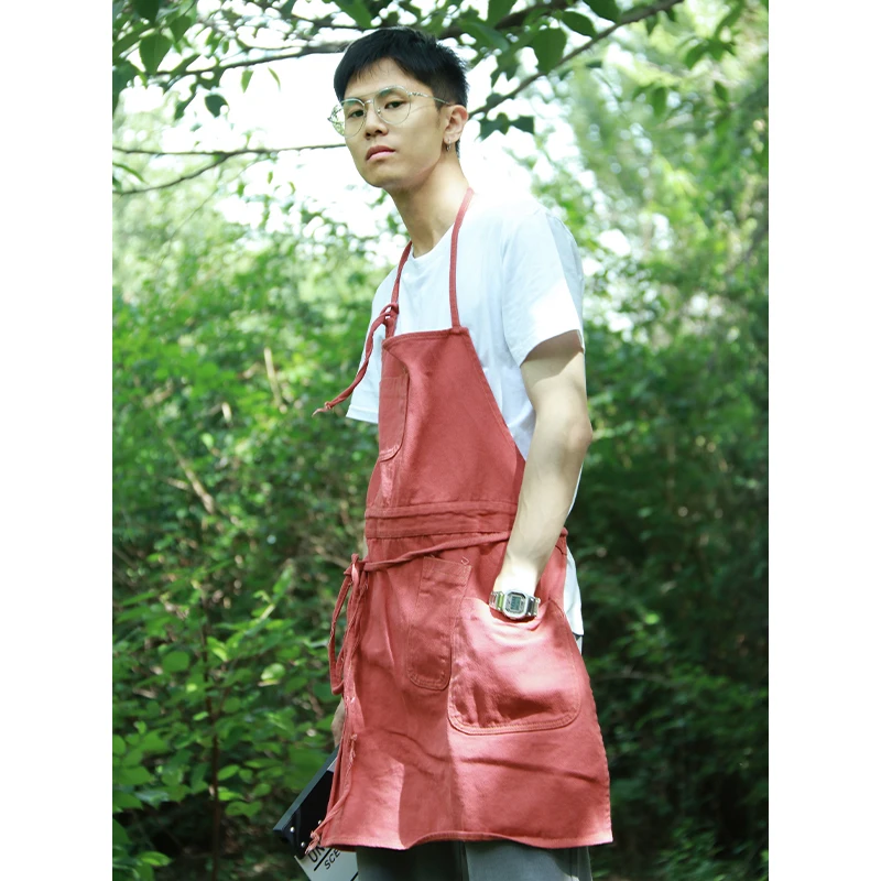 

Denim apron home kitchen Japanese female painting baking coffee milk tea shop overalls men's custom logo printing