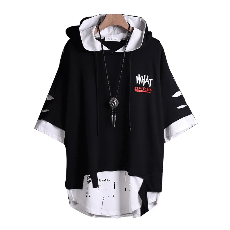

2022 Japanese Fashion Brand Hip Hop Hoodies Short Sleeve Students Teenagers Men's Youth Streamer Hole Fake Two Hooded T-shirt