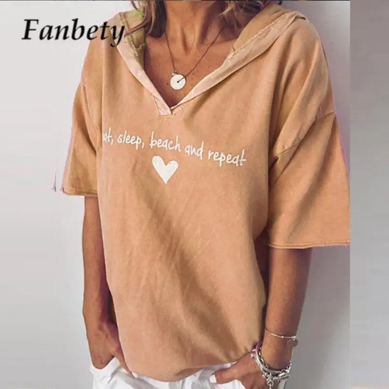 

Повседневные свободные топы с V-образным вырезом, свитшот, подходящая ко всему тонкая футболка с капюшоном с принтом, уличная одежда, летний женский пуловер с коротким рукавом для женщин