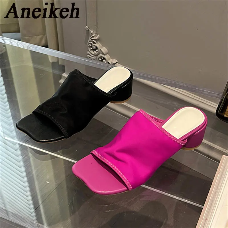 Женские сандалии Aneikeh 2023 из эластичной ткани, на круглом каблуке, летние новые повседневные сандалии с квадратным носком и открытым носком, женская обувь