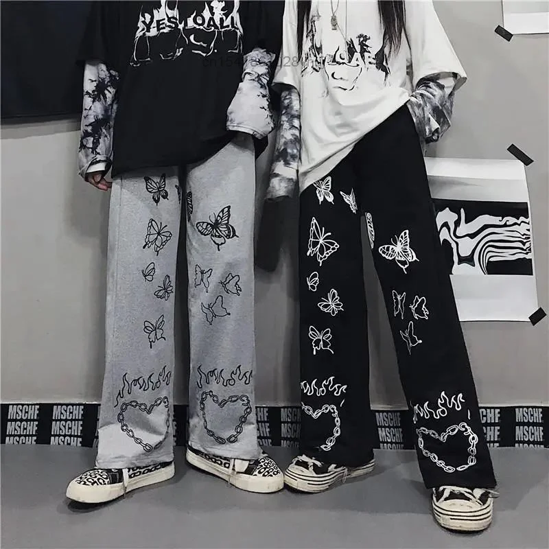 Korean Style Cool Streetwear Loose Straight Pants Couples Anime Butterfly Cartoon Print Casual Trousers Sweatpants Y2k Student