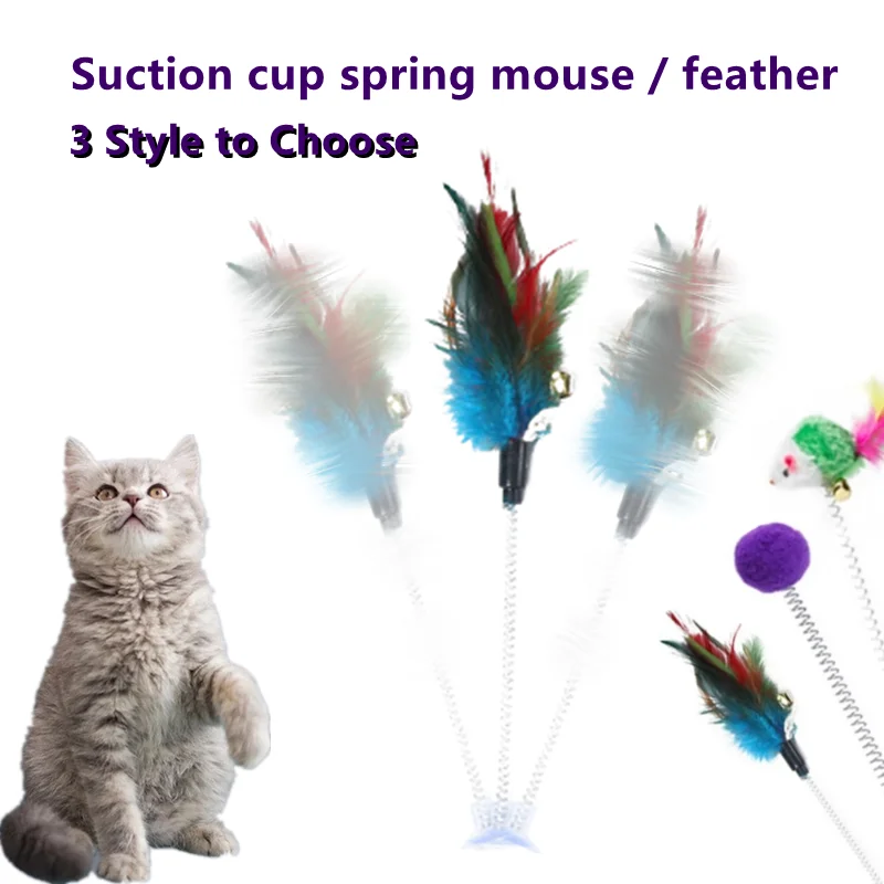 

1PC Spring Pet Toy Elastic With Bell Spring Color Mouse And Feather Bottom Sucker Pet Cat Toy Product Cat Accessories Decoration