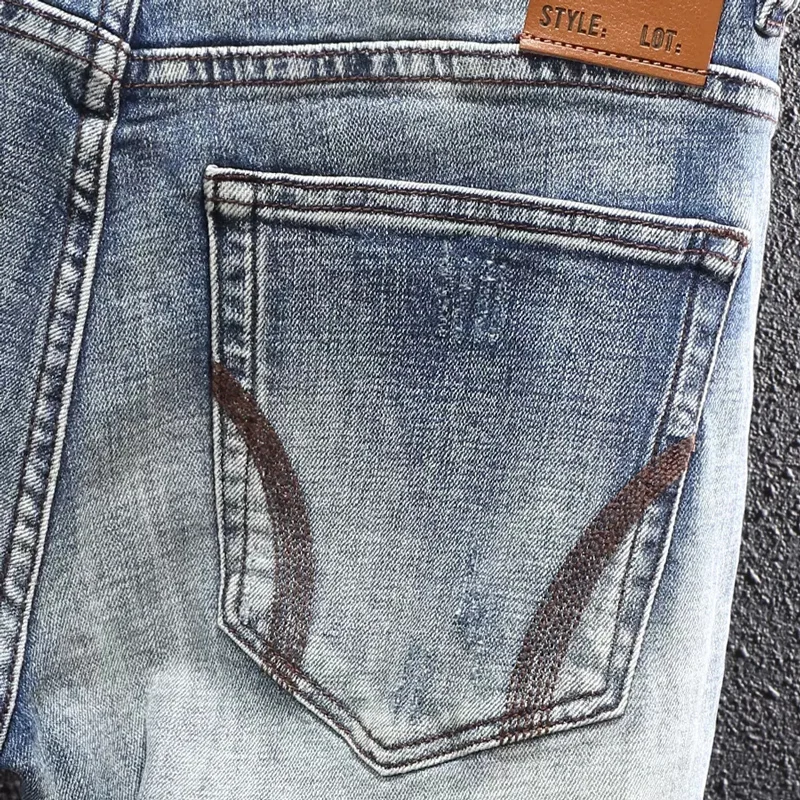 Fashion Designer Men Jeans Retro Light Blue Embroidery Patched Stretch Ripped Jeans Men Slim Fit Elastic Vintage Denim Pants