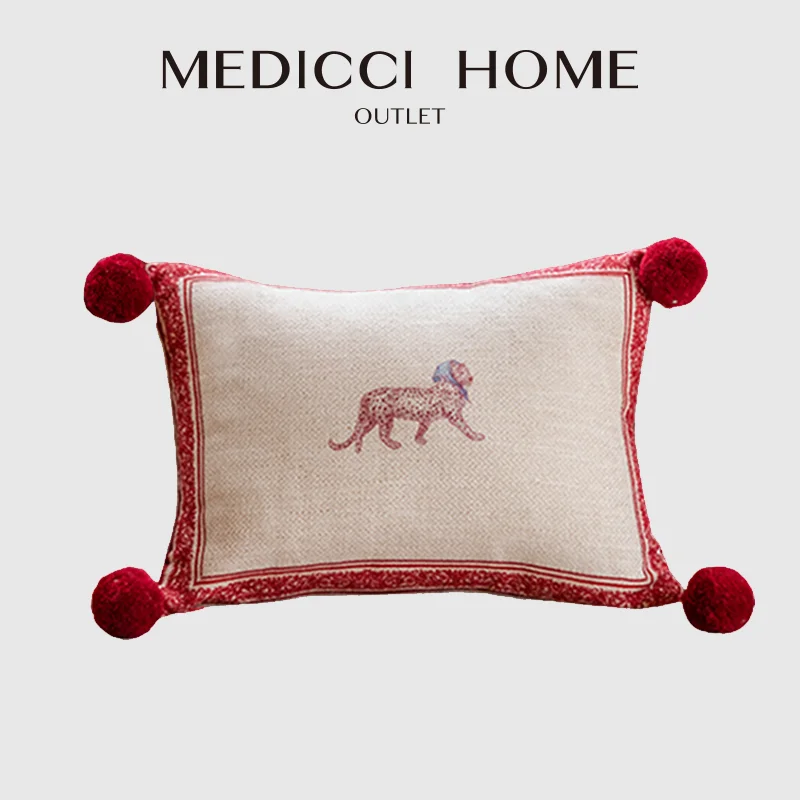 

Medicci Home Vintage Headscarf Leopard Rectangular Cushion Covers 30x40cm Nostalgic Style Lumbar Pillow Case With Pompon Tassels