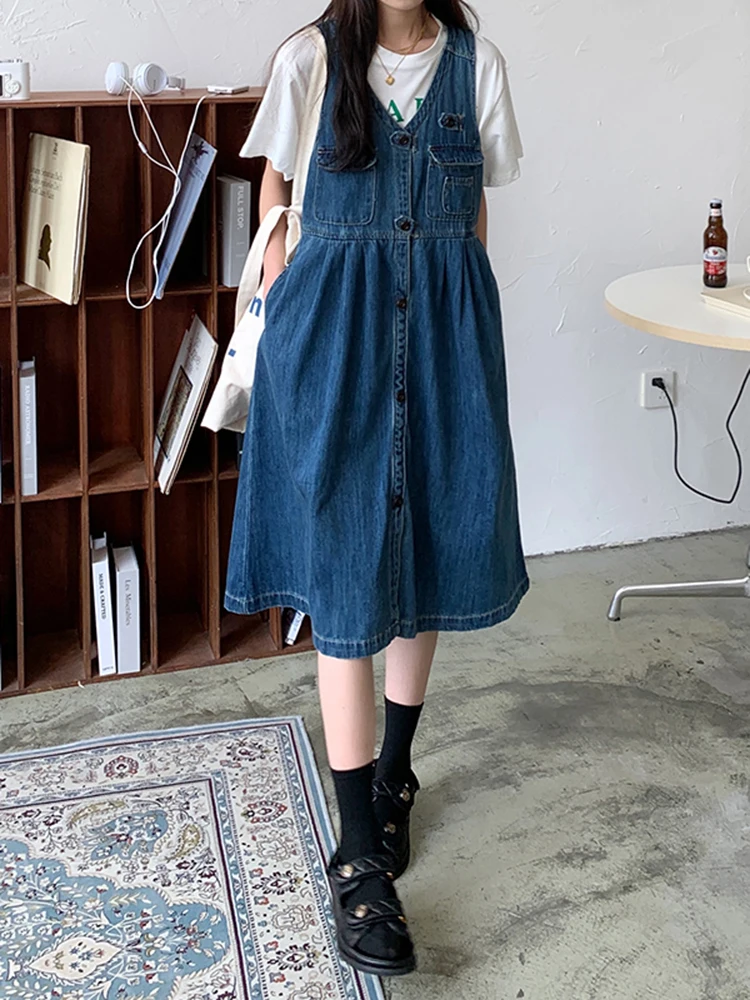 

Женское джинсовое платье на бретельках, свободное винтажное платье из денима в стиле трапециевидной формы с высокой талией в Корейском сти...