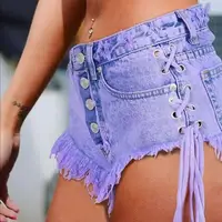 Hot Sexy Mini Jeans Shorts For Women Fashion Side Lace Up Bandage Denim Shorts Ripped Tassel Female Purple Summer Cute Shorts