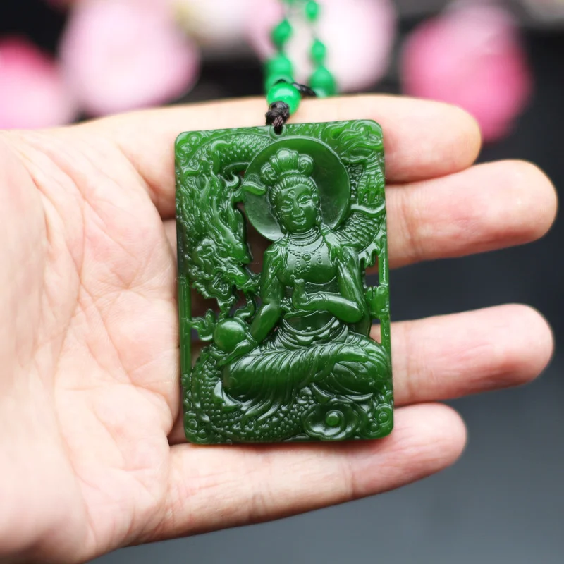 

Natural Green Jade Guanyin Dragon Pendant Necklace Double-sided Hollow Carved Fashion Jewelry Charm Amulet Gifts for Women Men