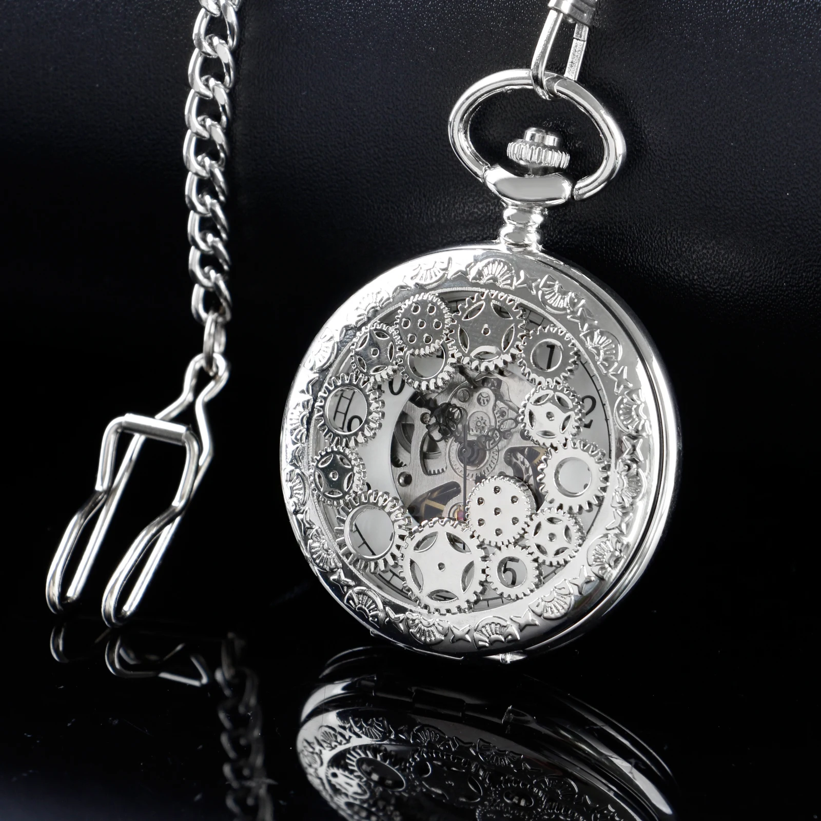 Silver Hollow Gear Mechanical Pocket Watches Vintage 2 Sides Open Case Hand Wind Casual Fashion Pocket&Fob Watches Mens Women