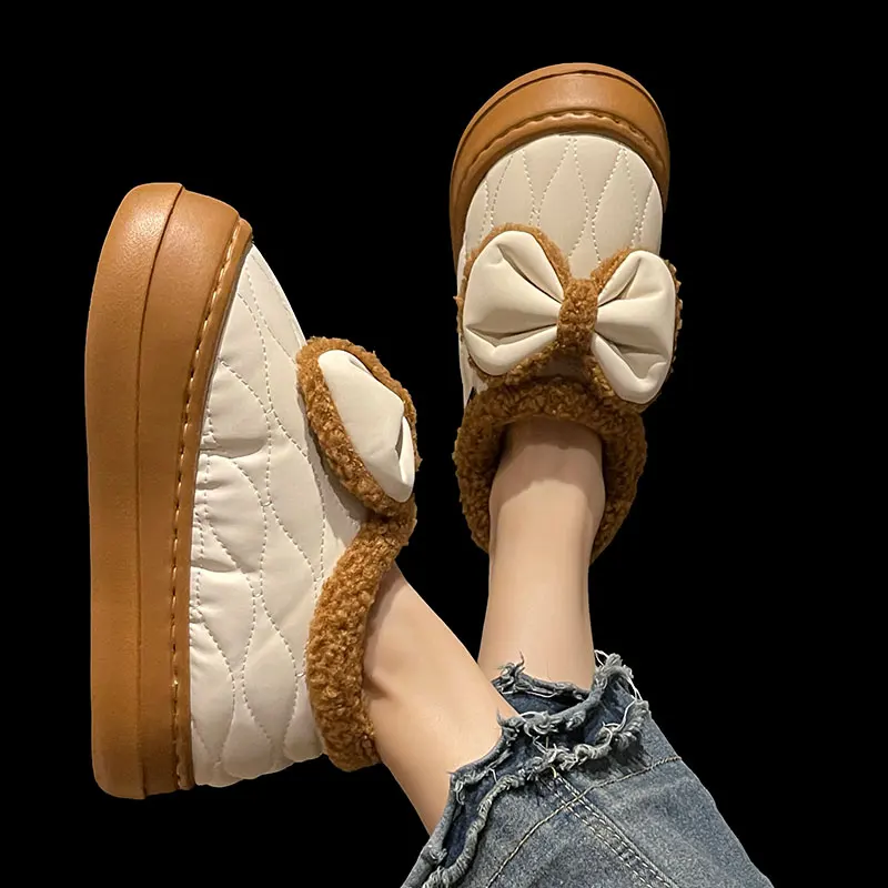 Зимняя женская обувь модель 2024 года с бантом крышкой-бабочкой тканевые тапочки