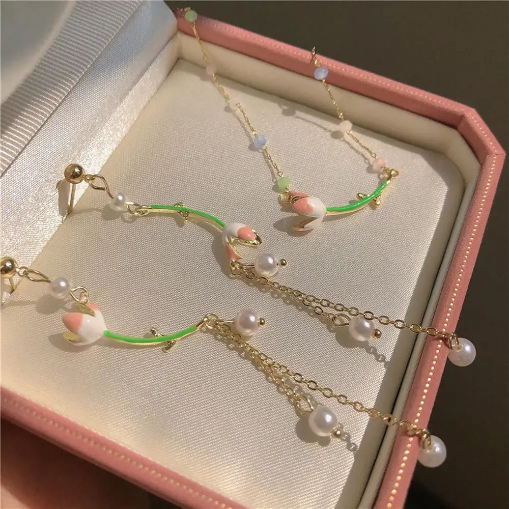 

Pearl Drop Dangle Earrings Pendent Women Stud Earrings Clavicle Chain Choker Tulip Flower Korean Necklace For Girls