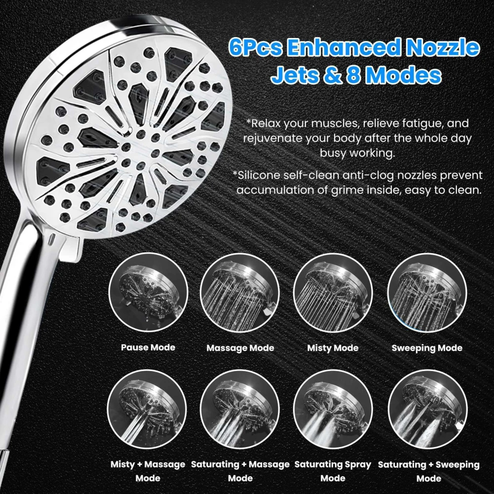 

High Pressure Shower Head With Pause Switch 8 Spray Settings 2 Powerful Cleaning Modes Spray Hand Showers 5FT Extra Long Hose