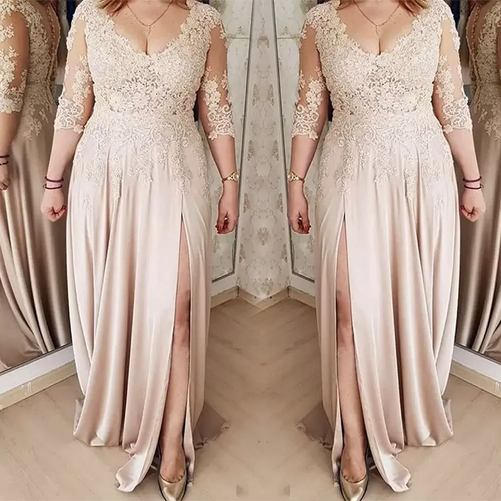 

Mother Of the Bride Dress Prom Party Gown Formal Chiffon V-Neck A Line Three Quarter Applique Thigh-High Slits Custom New
