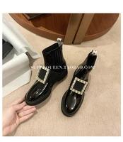 Autumn And Winter 22 Single Boots, Rhinestone, Patent Leather, Rv Square Button Short Boots, Women's Low Heel, Metal Button, Mar
