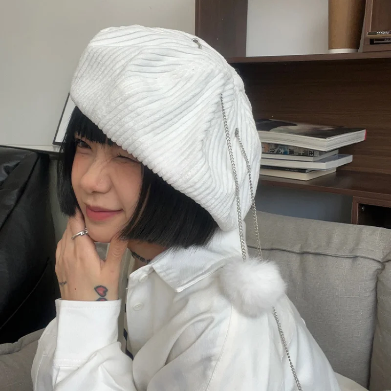 

Korean Version Fashion Corduroy Warm Cloud Hat Autumn and Winter Trend Painter Cap Chain Hairball Decorative Beret for Women