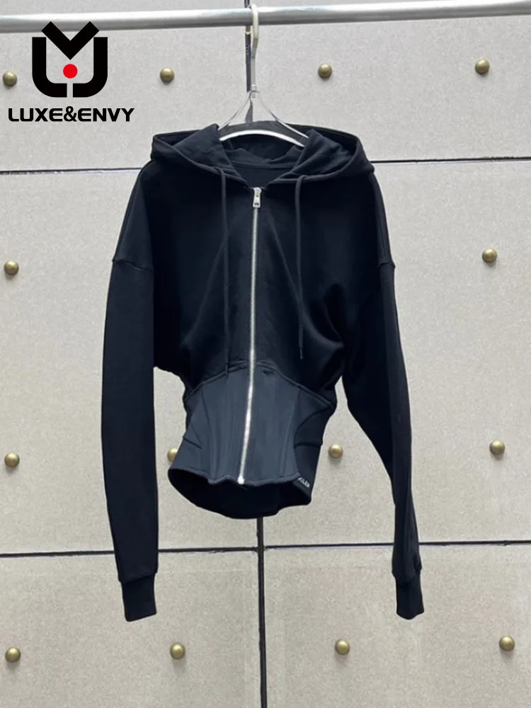 

Роскошная нишевая цветная контрастная Лоскутная облегающая Короткая Толстовка с капюшоном и рыбьей талией на молнии для женщин, осень 2023