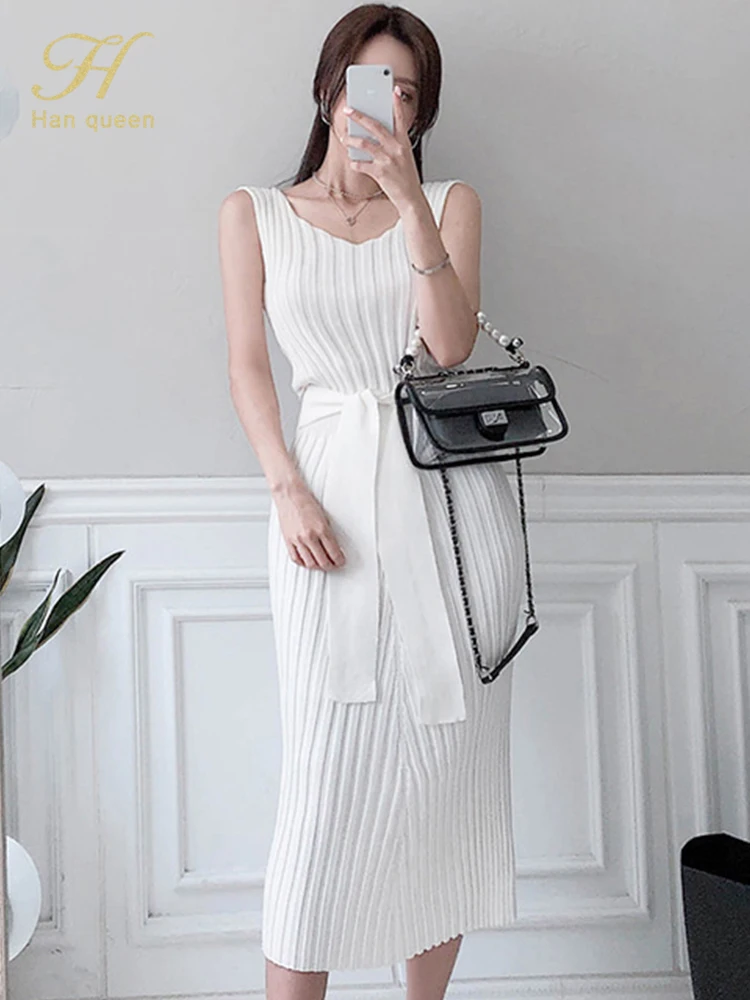 

H Han Queen Hot Sales Women V-Neck Lace-Up Vintage Knitted Dresses Office Bodycon Pencil Sheath Dress Elegant Simple Vestidos