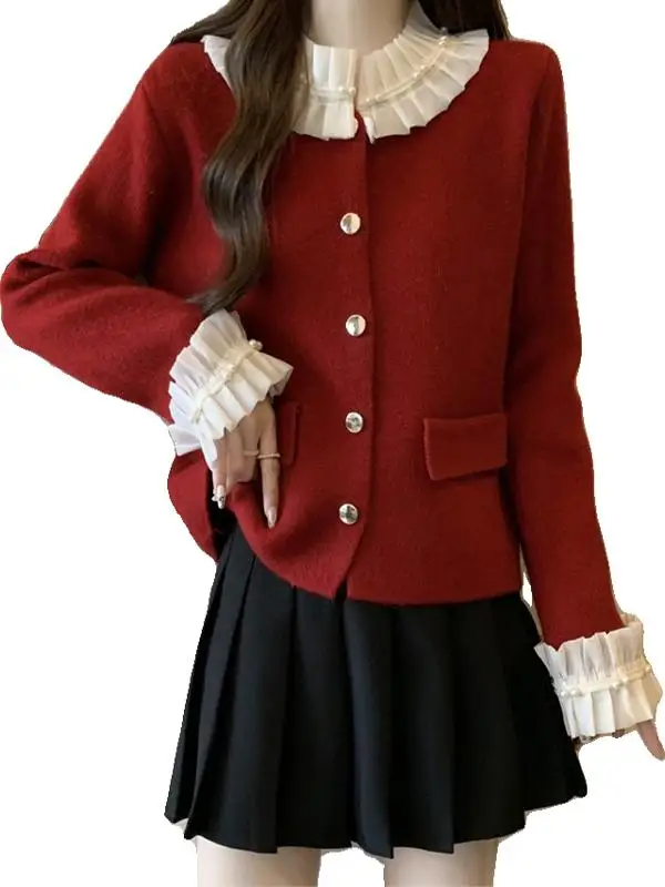 Женский вязаный кардиган с воротником из красного листа лотоса размера плюс 2024