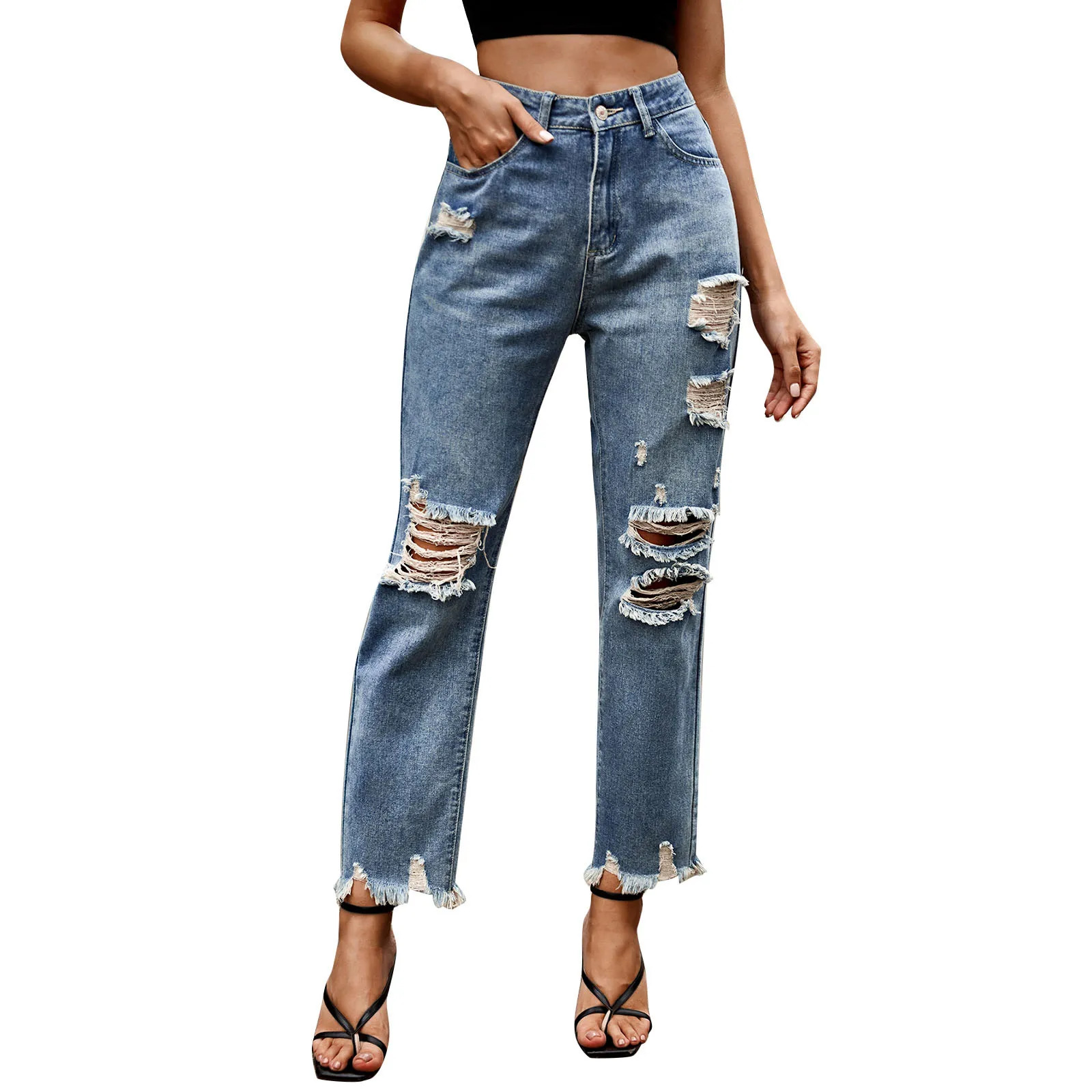 Elegant  Streetwear Long Jeans Straight Leg Holes Pants Summer Pocket  High Waist Women's Jeans Trousers Dailywear Pantalones