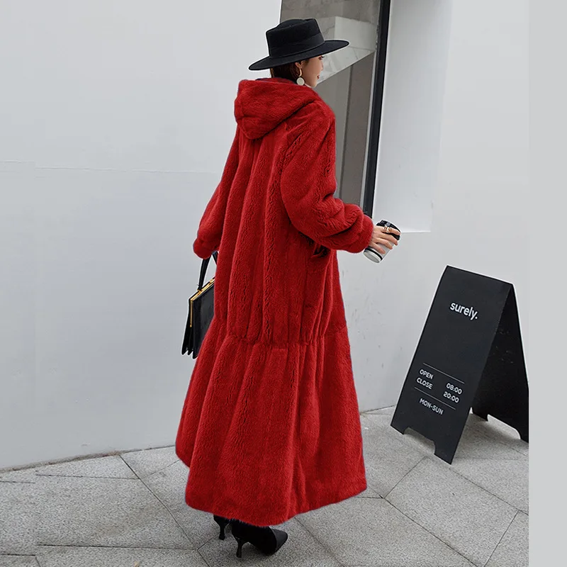 2022 winter new casual temperament European and American loose real rex rabbit fur coat women's hooded long coat trendy