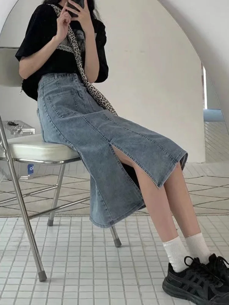 

Denim Skirt Women Spring 2022 New All-match Mid-length Small Man Slit High Waist A-line Skirt Ins Spring