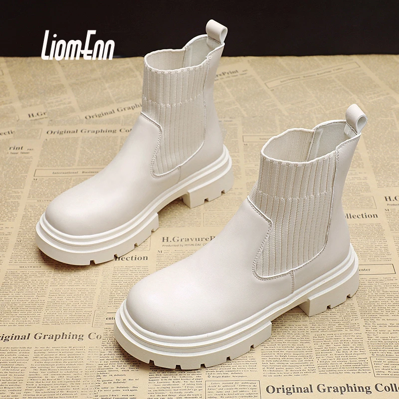 

Beige Sock Boots Women 2022 New Slip On Black Platform Ankle Boots Female Punk Gothic Shoes Lolita Short Boots chaussure femme