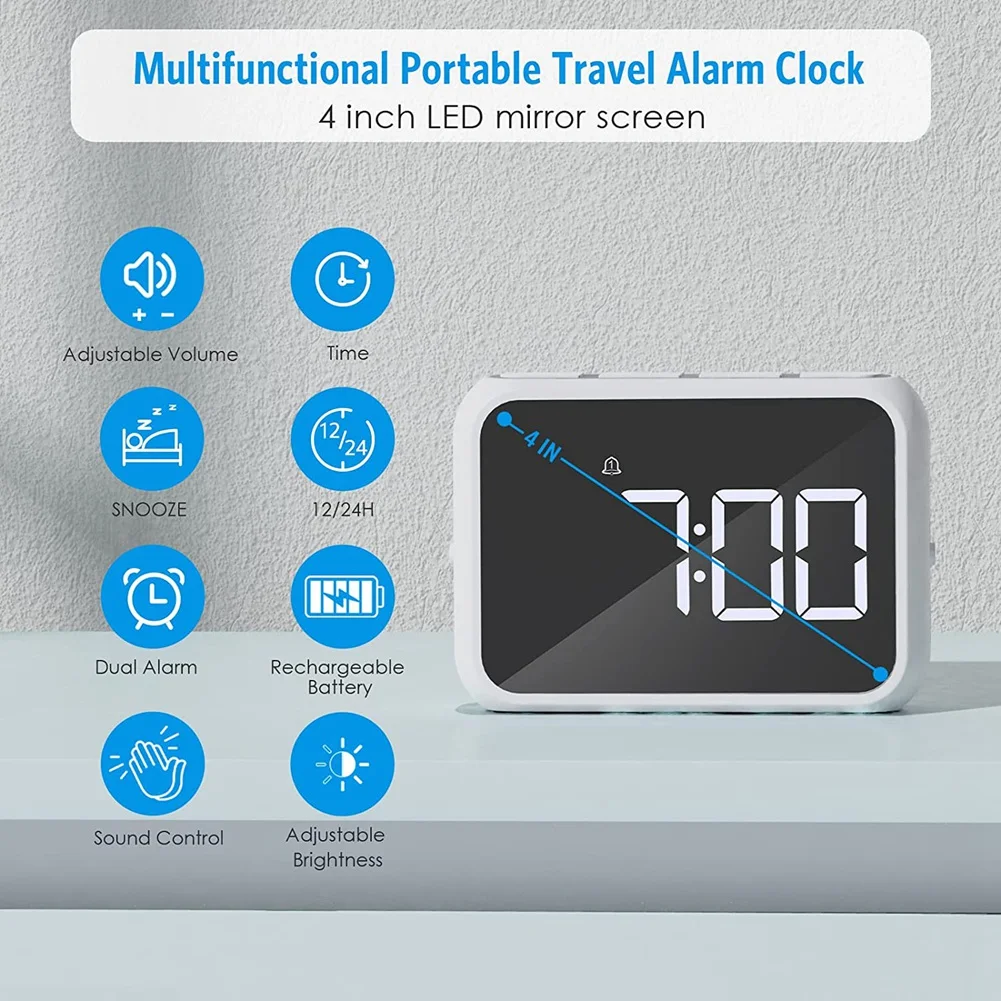Цифровой будильник 4-дюймовые зеркальные цифровые часы регулируемая яркость и