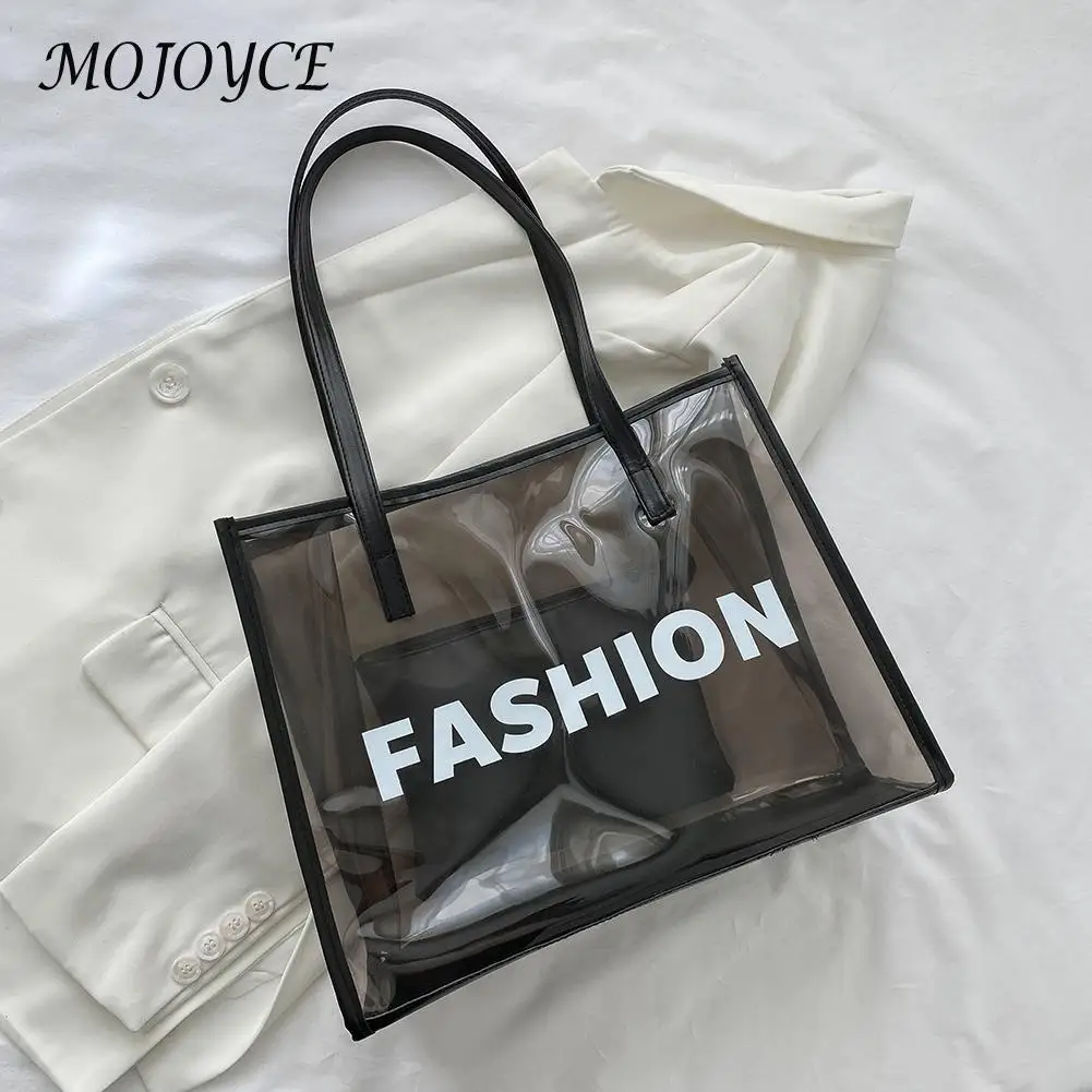 

Transparent PVC Handbags for Women Letters Summer Beach Shopping Clutch Travel Vacation Ladies Shoulder Purses Tote Bag Hot Sale