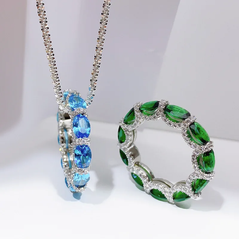 

2022 New 925 Full Diamond Ring Artificial Ruby Ring Aquamarine Row Ring Necklace Dual Use