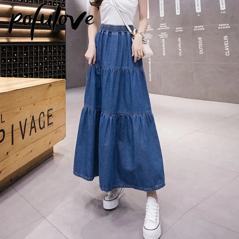 Women  Denim Skirt Maxi Long Jeans Skirts Girl Pleated Korean Fashion Clothing Harajuku Mujer Faldas Blue Vintage images - 6