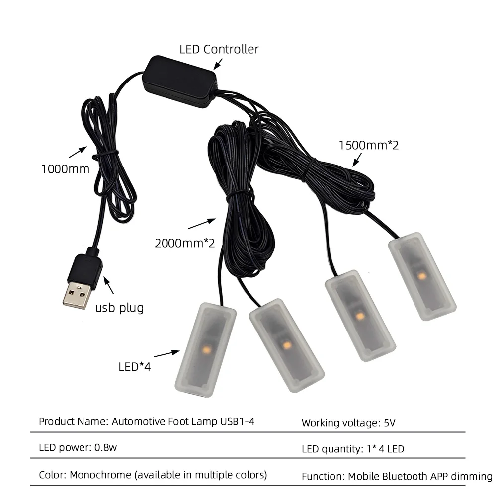 Фото USB автомобильный окружающий свет, регулировка яркости, простая установка, монохромный чип с низким энергопотреблением, светодиодный автомобильный фонарь для ног, белый, синий, красный №3