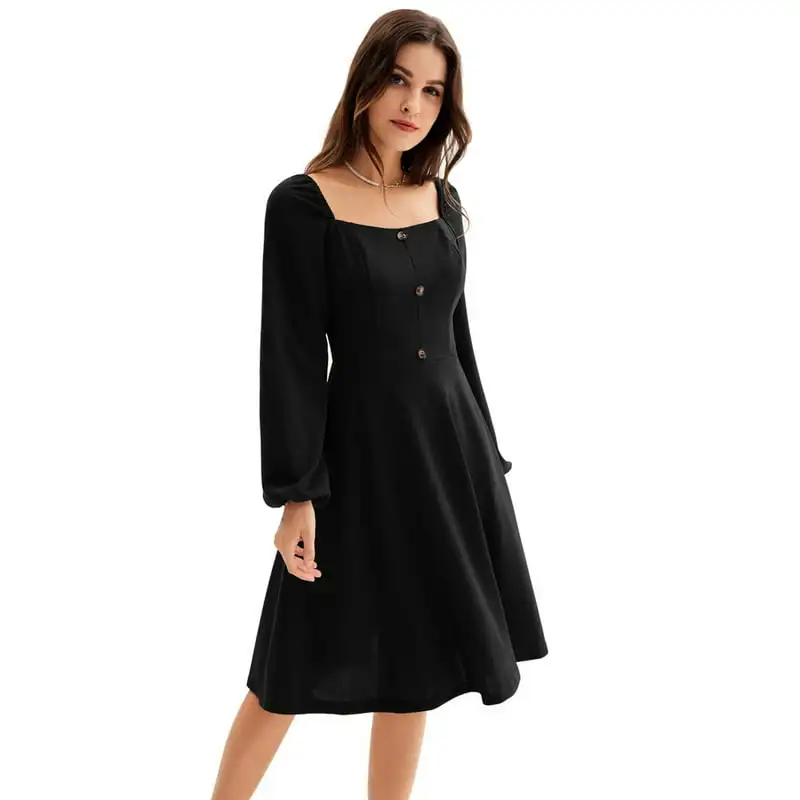 

Casual Square Neck Button Down Dress Long Sleeve Defined Waist Flared A-Line Dress
