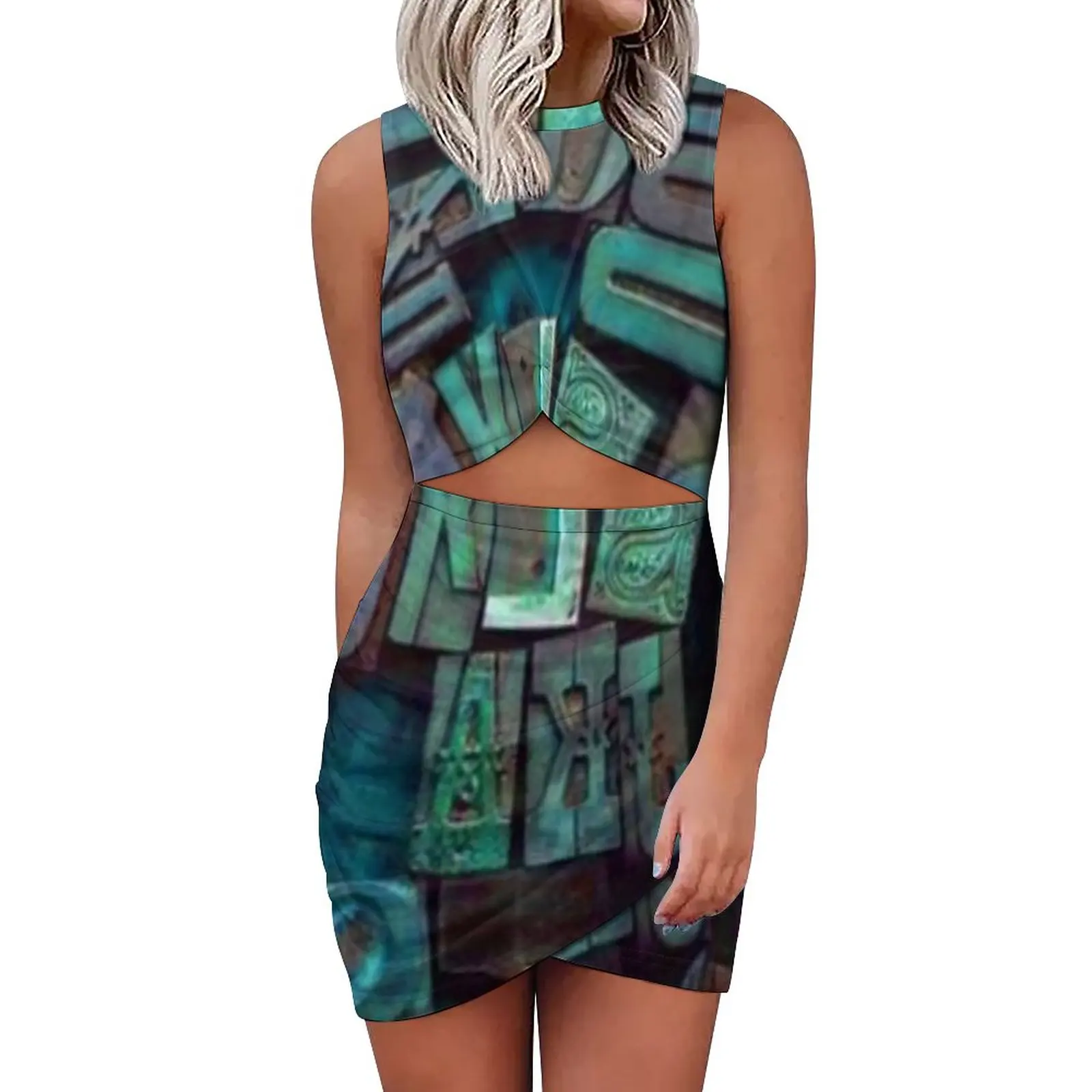 

Мини-платье женское с абстрактными буквами, стильное модное облегающее платье без рукавов с принтом деревянных слов, большой размер 5XL, на в...