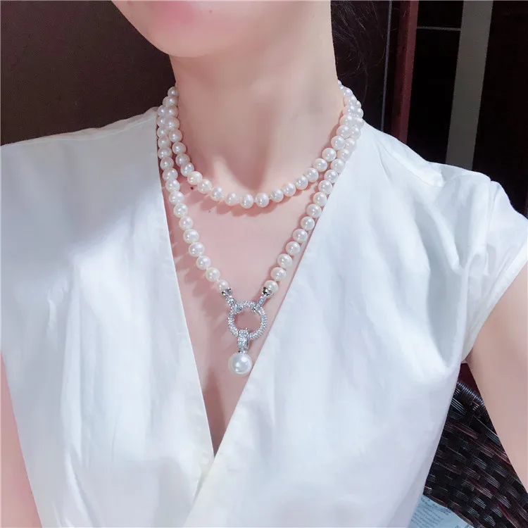 Handmade 8-9mm white freshwater cultured pearl micro inlay zircon accessories button shell pearl pendant sweater necklace 100cm