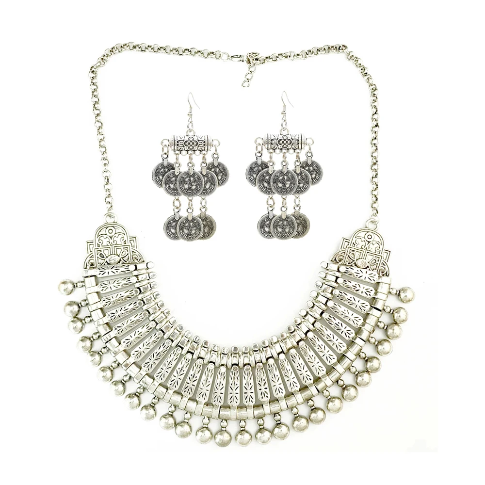 

Classic Vintage Silver Afghan Coin Statement Necklace Earrings Set For Women India Gypsy Turkish Pakistan Antique Jewelry Sets