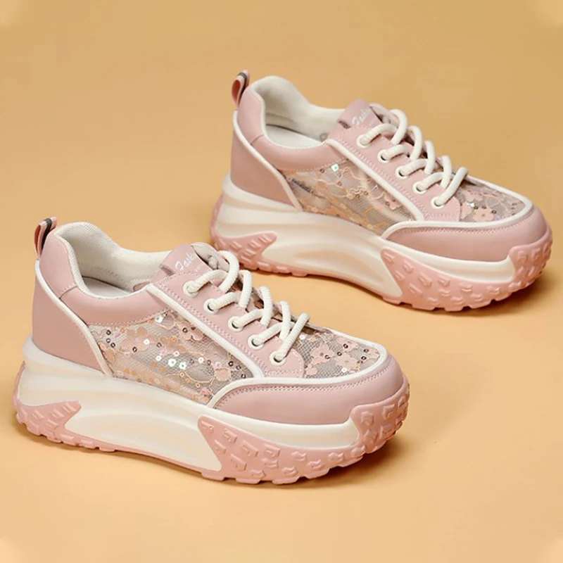 Chunky Air Mesh Breathable Sneakers Fashion Genuine Leather Women Vulcanize New Female Summer Comfy Lace Up Fashion Ladies Shoes