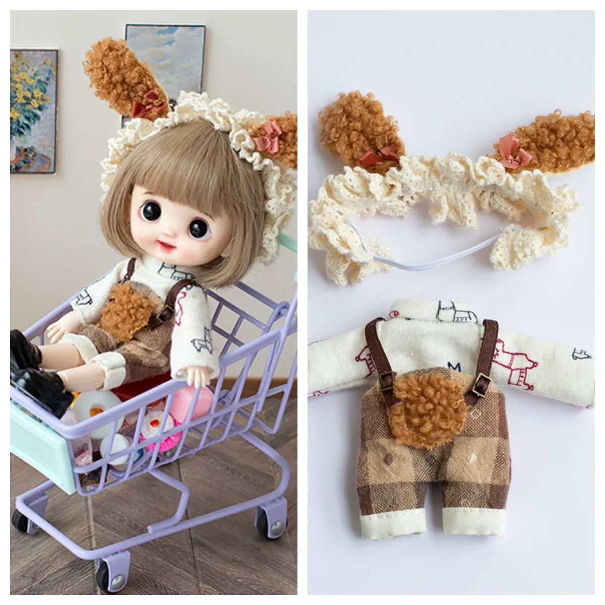 

Ob11 Doll Accessories Cute Rabbit Ear Checked Braces Suit GSC Molly Obitsu11 P9 1\12 Points Bjd Doll Clothes