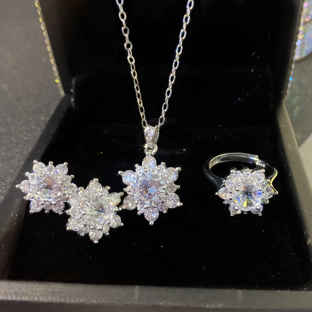 

Fashion Classic Dazzling Sunflower Necklace Ring Earrings Set For Women Bridal Engagement Wedding Ring Zircon Jewelry Gift