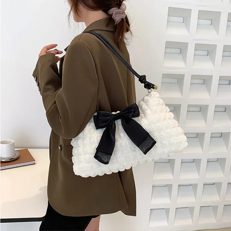 

Sweet Bowknot Women's Shoulder Bags Fashion Female Girls Underarm Bag Pleated Plaid Ladies Beige Purse Handbags Small Tote Bag