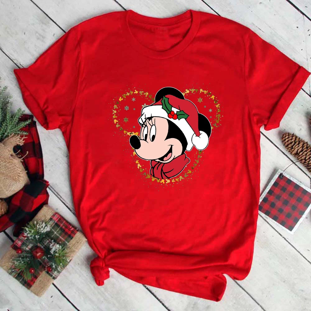 

Merry Christmas Clothes Disney Minnie Mickey Family T-shirt Xmas Vibes Aesthetic Women's Tops Short Sleeve Red Camiseta Mujer