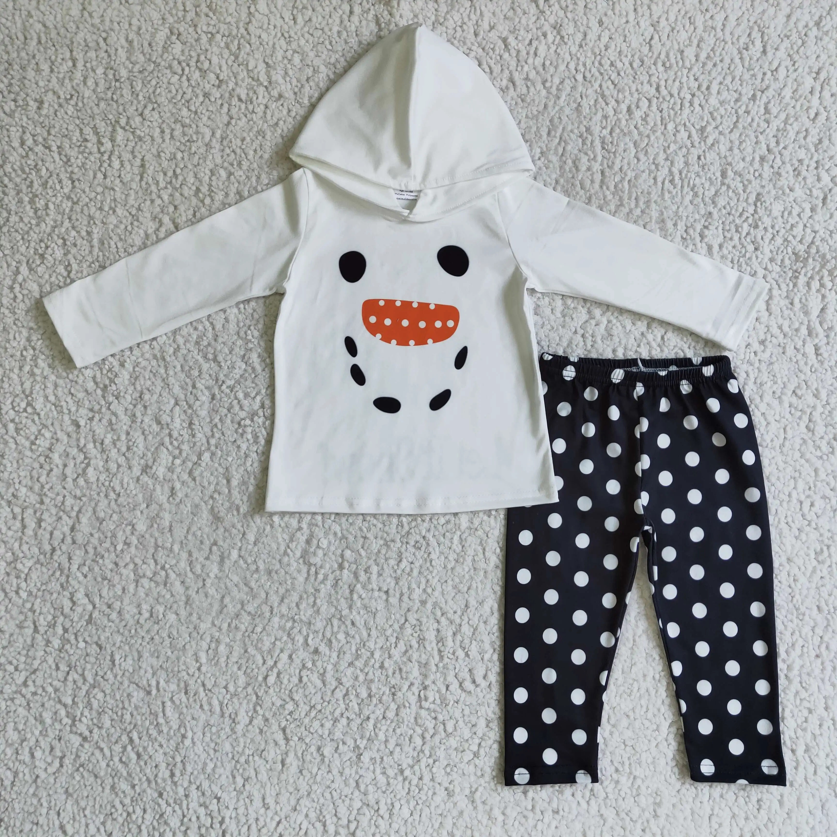 

GLP0293 boy and girl white long sleeve hoodie and black pants with polka dot kids fall winter outfit